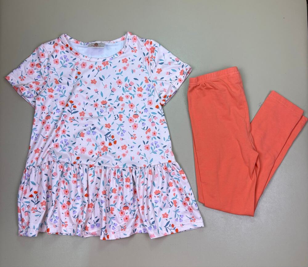 Ruffle Girl Girls 3XL Floral Tunic Top Coral Leggings 2 Piece Outfit Set EUC
